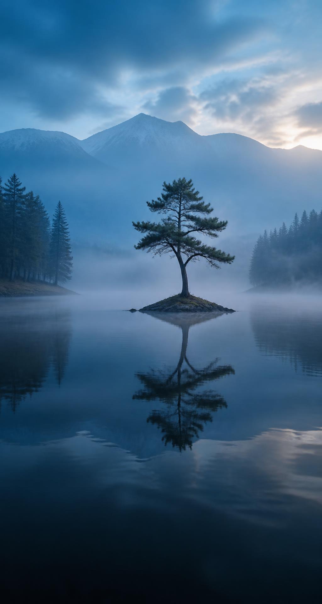 AI generated 4K wallpaper of a lone pine on a misty black lake at dawn