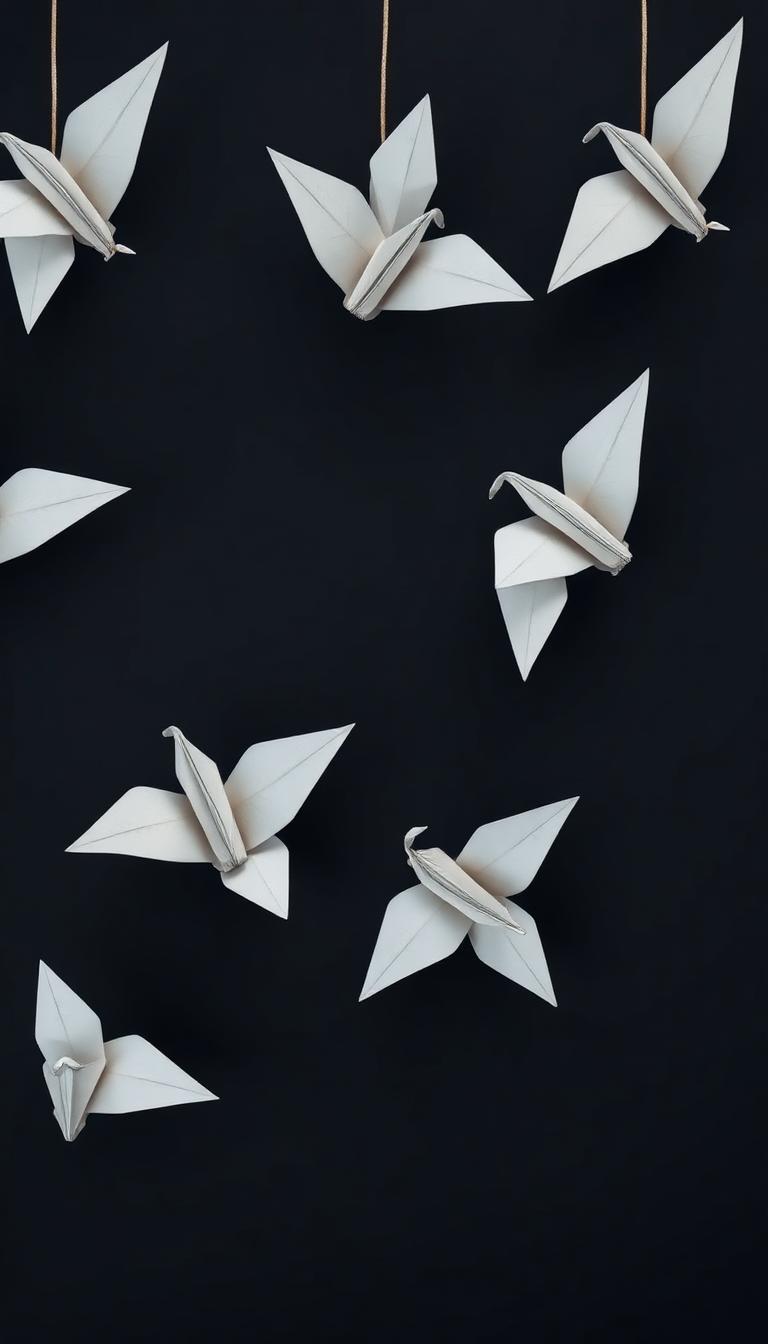 Minimal paper cranes on matte black wallpaper